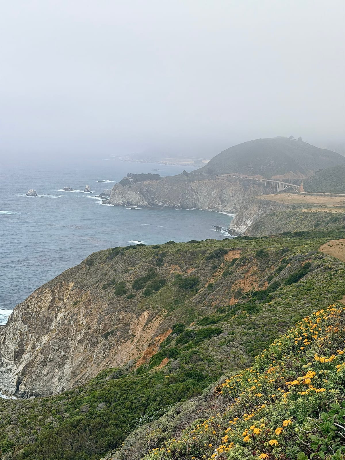 Bixby Creek Bridge and the rugged Big Sur coastline disappearing into fog