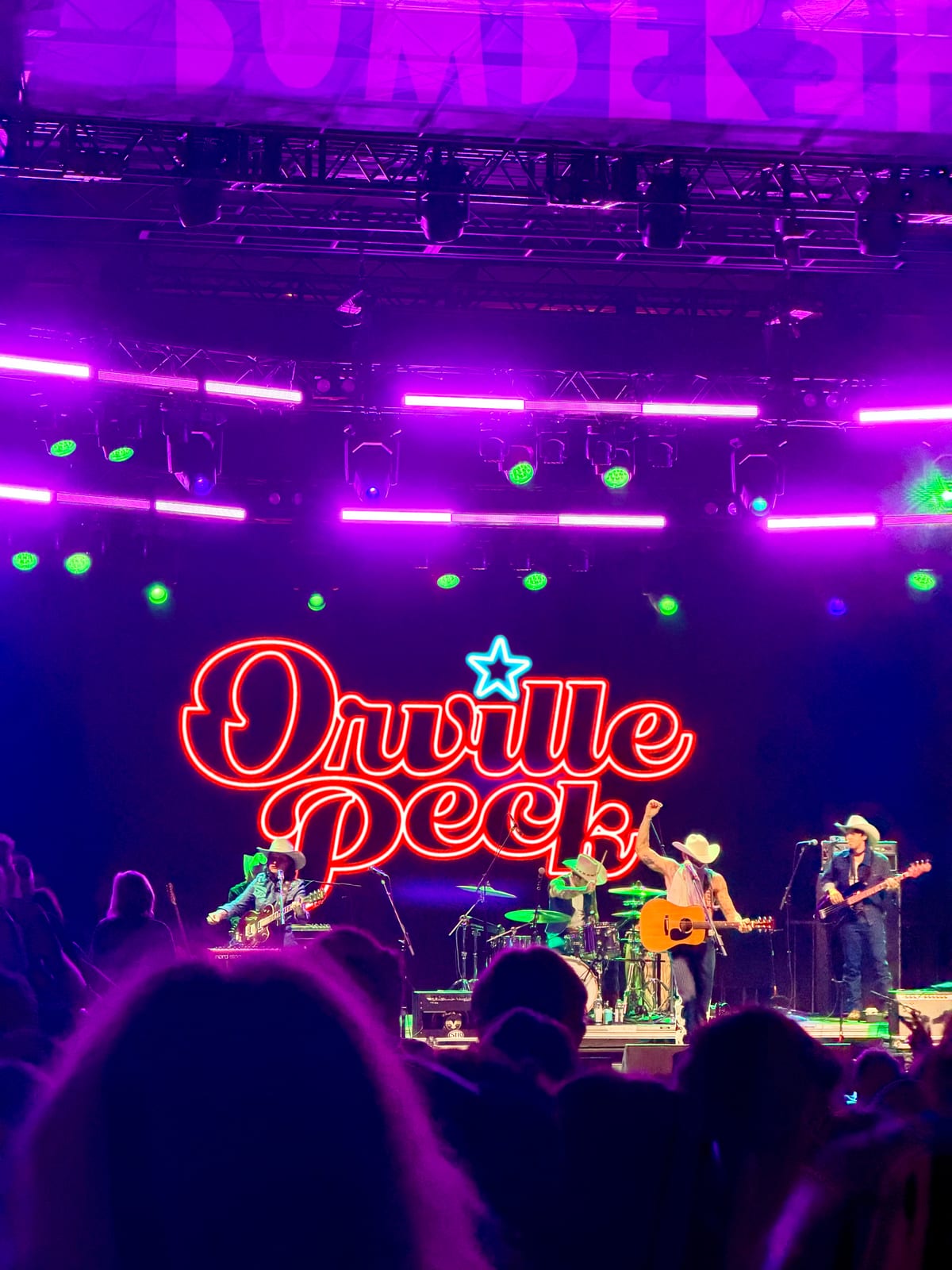 A band performing beneath purple and green stage lights and a large illuminated Orville Peck sign, with audience silhouettes in the foreground