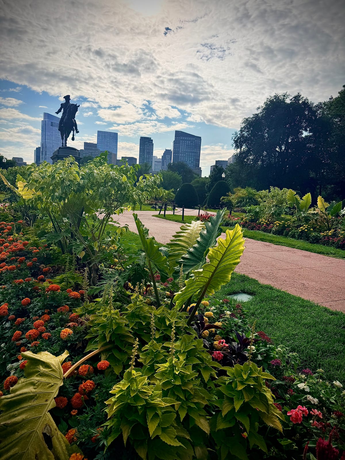 Colorful flower beds in the Boston Public Garden with the George Washington statue and city skyline beyond