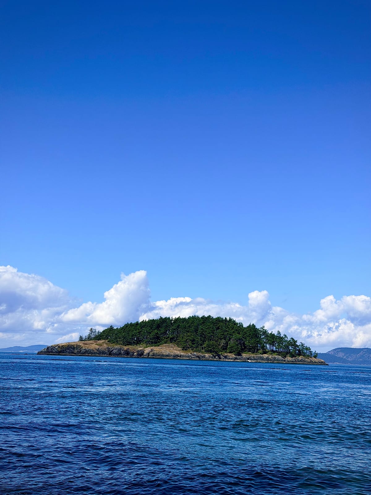 A small tree-covered island across deep blue water beneath towering white clouds