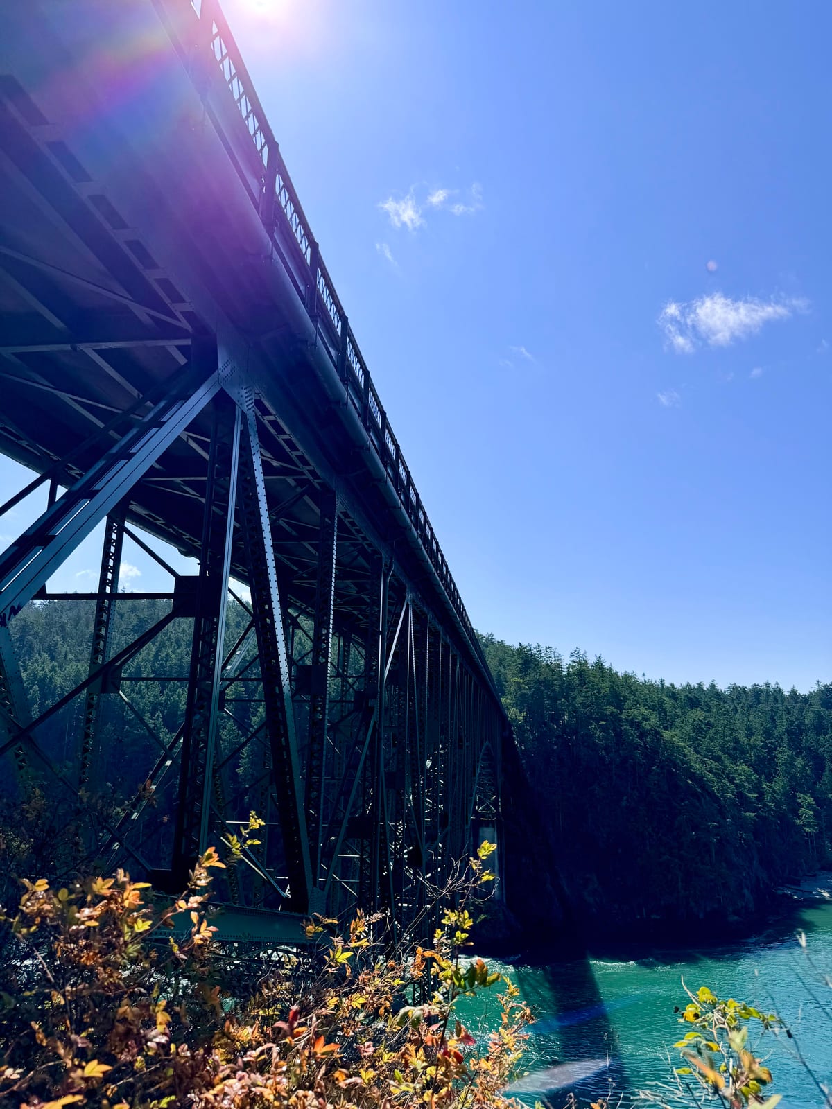 Deception Pass Bridge silhouetted against a bright blue sky above the channel